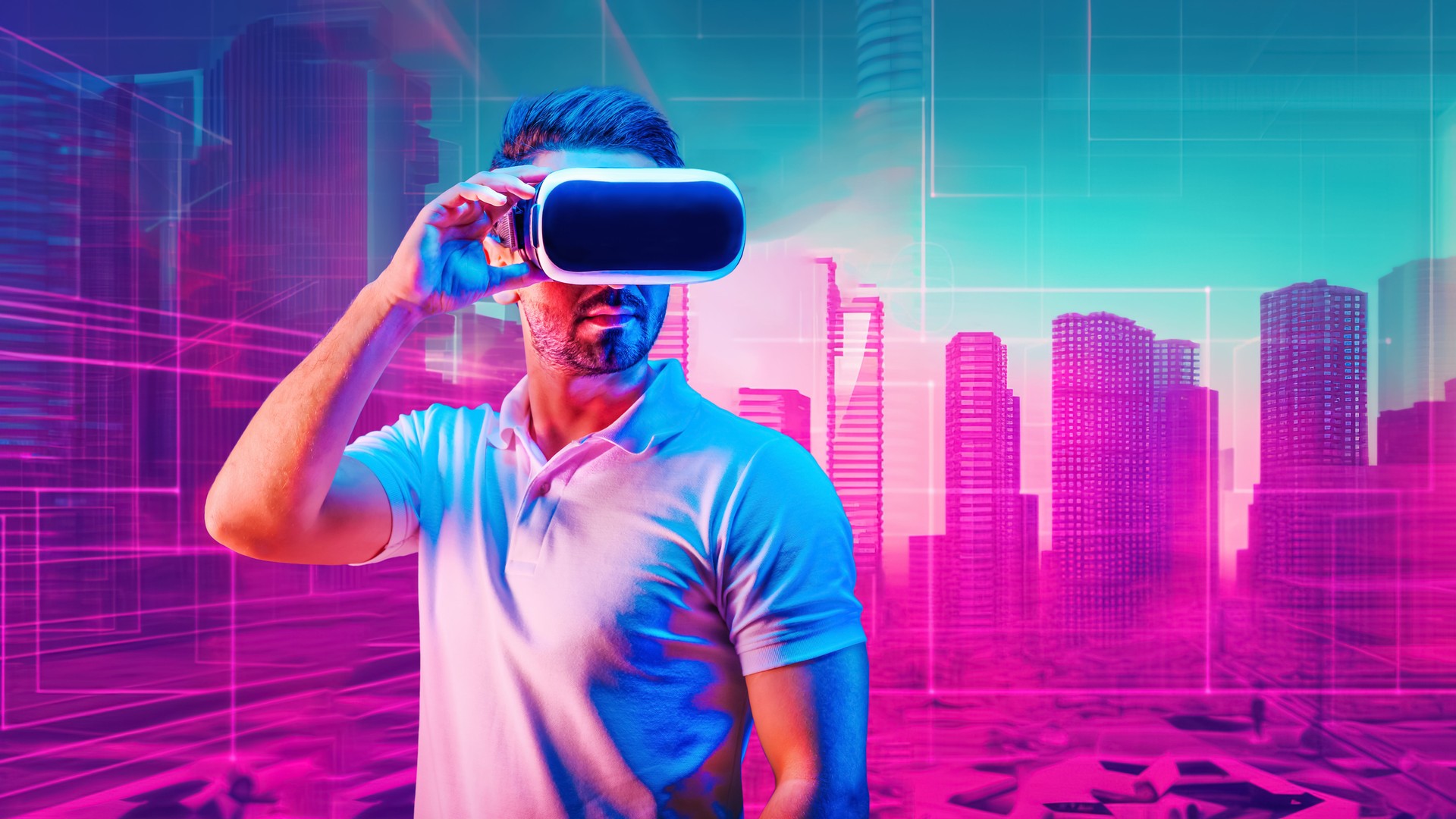 An architecture-savvy Caucasian man wears a VR headset as he explores a metaverse cityscape teeming with high-rise buildings and skyscrapers, all bathed in vibrant neon colors