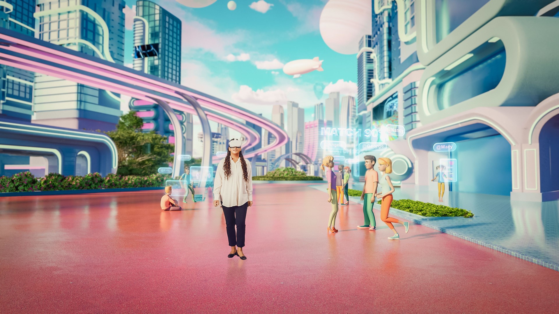 African Female Wearing a Virtual Reality Headset. She Is Walking In Digital Internet 3D Universe with Colorful Avatars. Next Generation Immersive Social Network Online Metaverse Experience