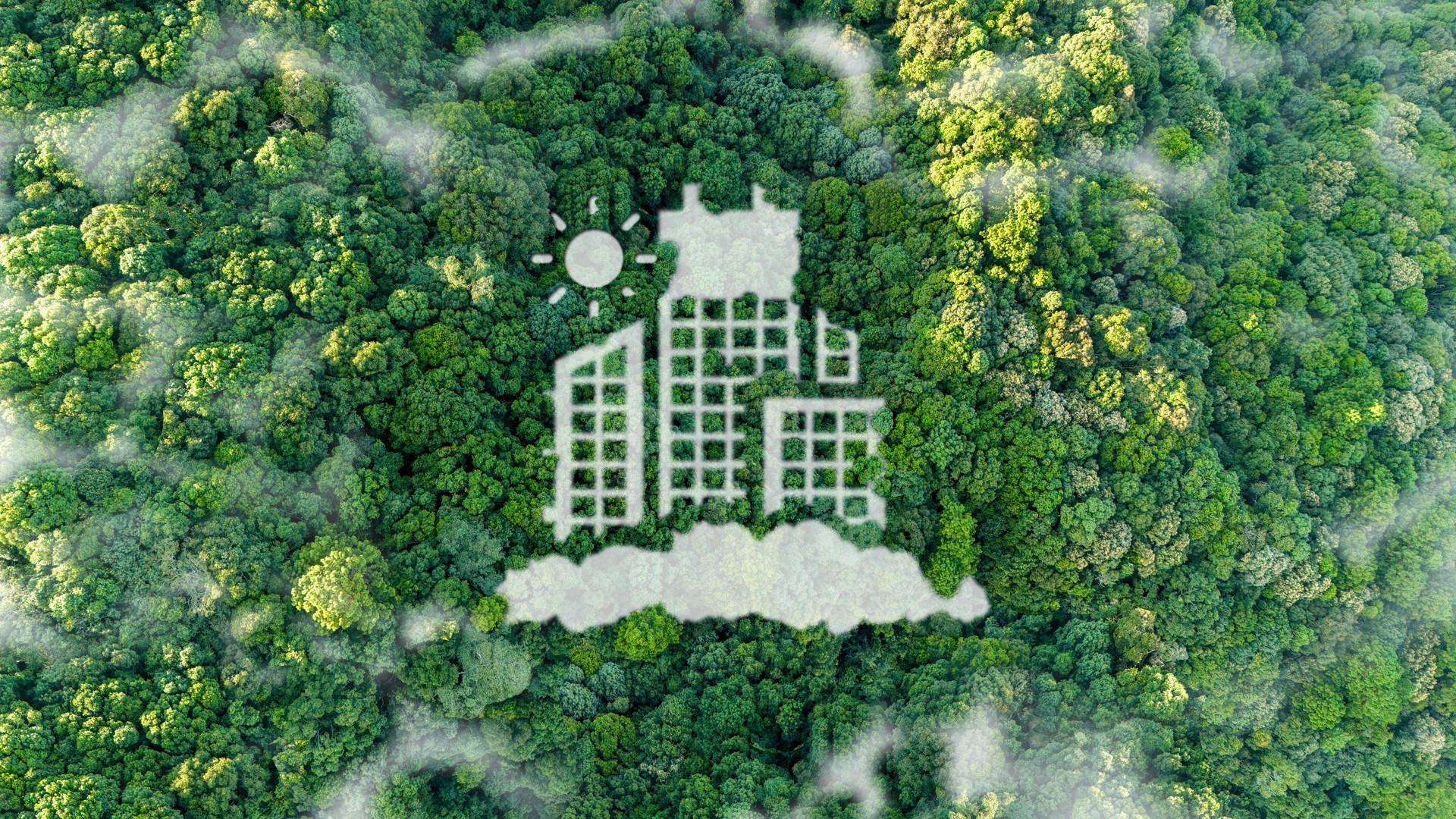 sustainable green building environmentally friendly buildings Future green business idea Environmental sustainability goals in 2050. White building shape amidst pristine nature.