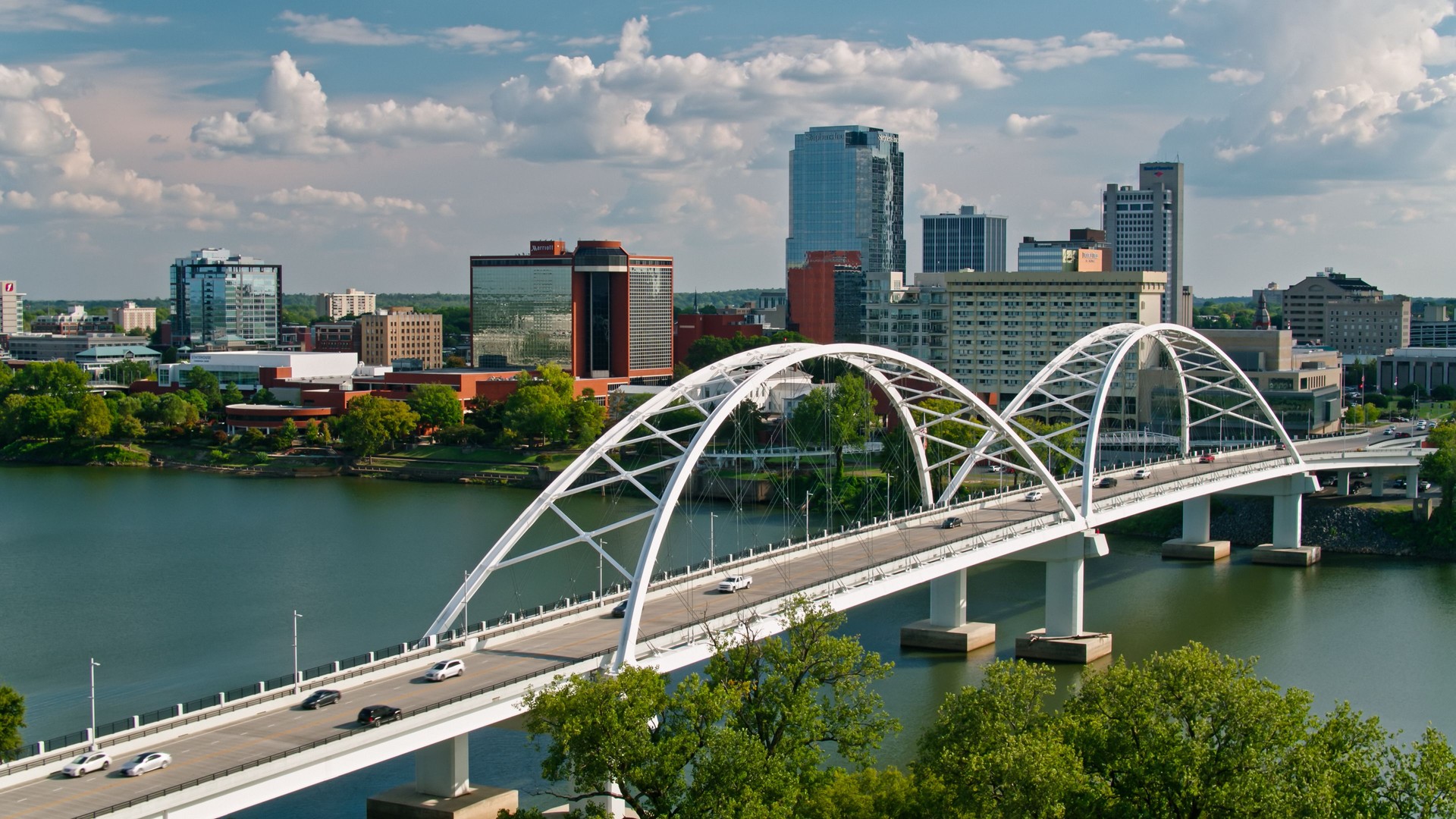 Broadway Bridge and Little Rock Skyline - Drone Shot